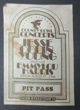 Jesse Colin Young Emmylou Harris Santa Barbara Bowl 1975 Backstage Pass