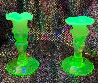 Pair Gibson Glass Green Vaseline Candlesticks Candle Holders Ruffled Edge
