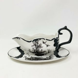 Aux Au Provence Black Toile Country Rooster Gravy Boat With Underplate