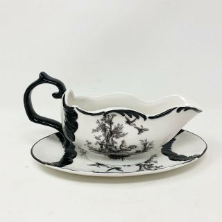 Aux Au Provence Black Toile Country Rooster Gravy Boat With Underplate 2