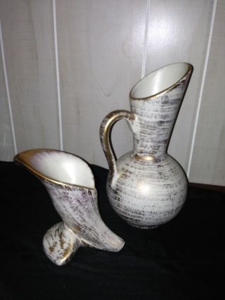 Royal Haeger Art Pottery Pitcher Or Vase & Candle Holder 22k Gold Tweed Rg 82