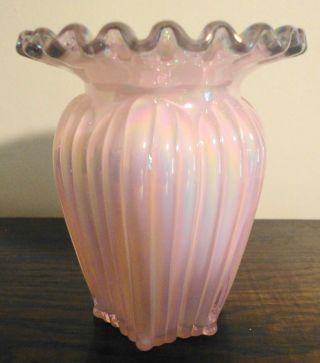 Great Fenton Vase Pink Overlay Iridescent With Purple Crest 4 5/8 Inches Tall