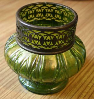 Stunning Bohemian Loetz / Kralik Irridescent Green Glass Vase With Metal Rim