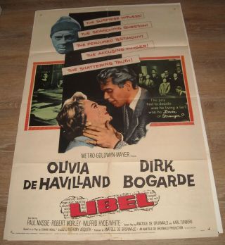 1959 Libel 1 Sheet Movie Poster Olivia Dehaviland Dirk Bogarde Suspense Art