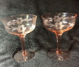 2 Vintage Thin Pink Depression Glass Etched Floral Sherbert Champagne Stemmed