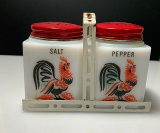 Vintage Mckee Milk Glass Tipp City Salt Pepper Shaker Rooster Set - Orig.  Lids