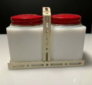 Vintage McKee Milk Glass Tipp City Salt Pepper Shaker Rooster Set - Orig.  Lids 3