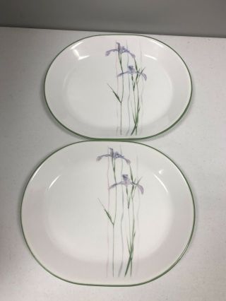 Vtg Corelle Shadow Iris 10x12 " Oval Serving Platters Green Rim Lavender Flowers