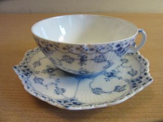 Vintage Royal Copenhagen Blue Fluted Full Lace 1130 Tea Cup & Saucer