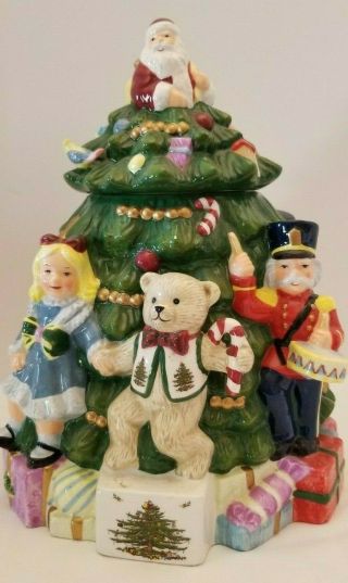 Large Spode Christmas Tree Cookie Jar W/ Alice In Wonderland Bear Santa Clown,