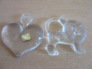 2 Kosta Boda Sweden Glass Crystal Pendant / Ornaments Heart & Lion