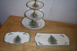 Spode Christmas Tree 3 Tier Server Plus 2 Serving Plates In