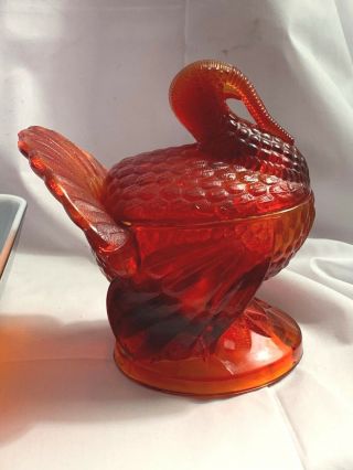 Vintage Heavy L.  E Smith Flame Amberina Glass Turkey Candy Dish With Lid
