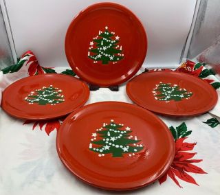 Waechtersbach Germany Christmas Tree Pottery Red 10 " Dinner Plates X 4 Un -