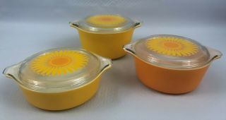 Vtg Pyrex Orange/yellow Daisy Casserole Ovenware Dish,  Lids Sunflower 3 Sizes