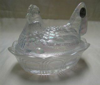 Signed Fenton Hen On Nest - White Iridescent Glass Covered Dish - Carnival Glass