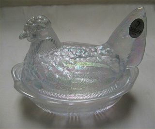 Signed Fenton Hen on Nest - White Iridescent Glass Covered Dish - Carnival Glass 3