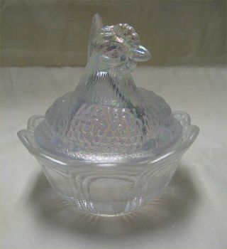 Signed Fenton Hen on Nest - White Iridescent Glass Covered Dish - Carnival Glass 4