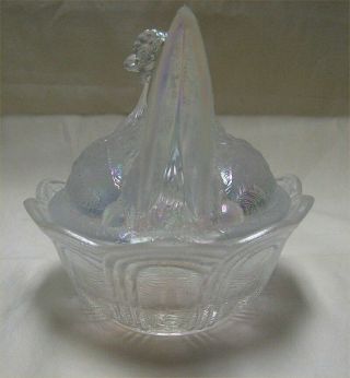 Signed Fenton Hen on Nest - White Iridescent Glass Covered Dish - Carnival Glass 5