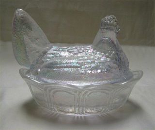 Signed Fenton Hen on Nest - White Iridescent Glass Covered Dish - Carnival Glass 6