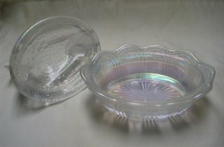 Signed Fenton Hen on Nest - White Iridescent Glass Covered Dish - Carnival Glass 8
