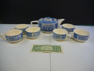 Vintage Royal China Currier & Ives Tea Pot & 6 Cups