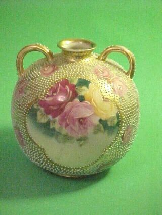 Vintage Royal Kinran Nippon 2 - Handled Moriage Vase Roses And Gold