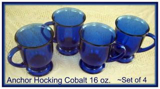 Set Of 4 Vintage Anchor Hocking Cobalt Blue Glass Pedestal Coffee Cups Mugs