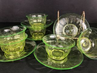 Antique Uranium Or Vaseline Glass Set Of Bowls And Dishes.  Great Color 1800s? 2