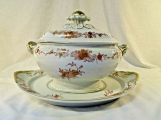 Gorgeous Large Va Portugal China Soup Tureen With Underplate,  Gold Trim