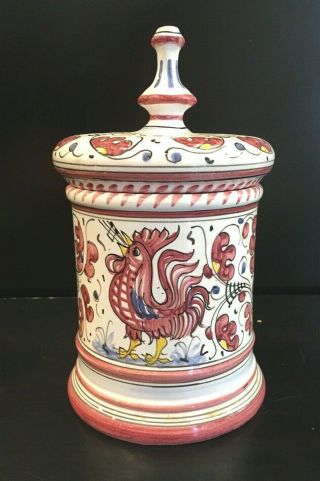 Vintage Deruta Pv Italy Red Rooster Signed Pottery Small Canister Jar With Lid