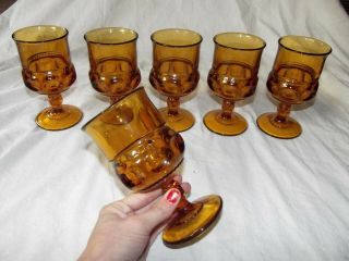 (6) Water Goblets Glasses 5 - 3/4 " Amber Kings Crown Thumbprint Tiffin Indiana