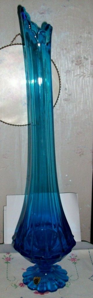 Vintage Fenton Tall 24 1/2 " Footed Azure Blue Vase Swung Top Gorgeous