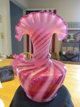 Vintage Fenton Opalescent Cranberry Vase Spiral Optic 6 1/4 " Crimped Ruffle Edge
