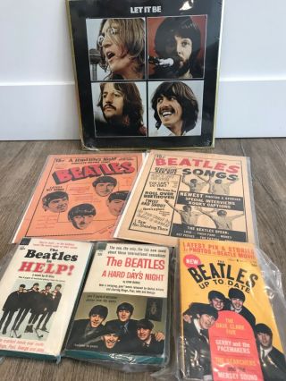 Vintage Beatles Memorabilia Lot; 2 Vintage Flyers,  3vintage Books,  Metal Picture