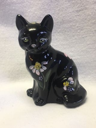 Fenton Glass Cat Hand Painted Pink Floral Black Stylized Cat Figurine