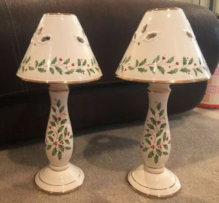 Set Of 2 Lenox Holiday Holly Berry Votive Tea Light Candlestick Lamp 14 " Tall