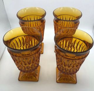 Vintage Indiana Glass " Mt Vernon Amber " 6” Iced Tea / Water Goblets Set Of 4