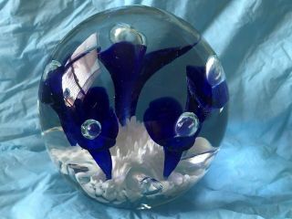 Vintage Joe St Clair Paperweight Glass Round White Cobalt Blue Flowers
