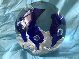 VINTAGE JOE ST CLAIR PAPERWEIGHT Glass Round White Cobalt Blue Flowers 4
