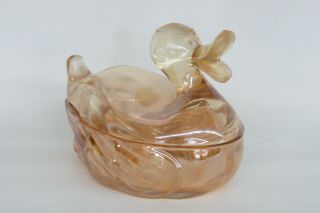 Jeannette Mama Quack Duck Marigold Carnival Glass Covered Candy Dish 1174b