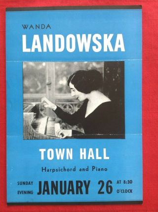 1/26/1947 Wanda Landowska Town Hall Handbill Flyer Vgc Harpsichord Piano