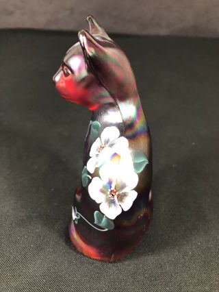 Fenton Stylized Cat Ruby Red Irodized Carnival Painted White Flowers 5052 RM LE 3