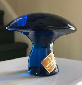 Vintage Mid Century Viking Glass Bluenique Blue Mushroom Paperweight W/ Sticker