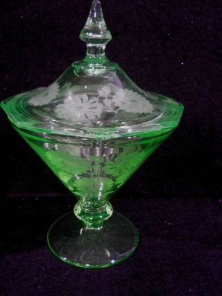 Green Depression Glass Flower Etched Candy Jar & Lid