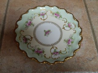 Antique Akcd Limoges France Hp Porcelain Pink Rose Design Gilded Plate