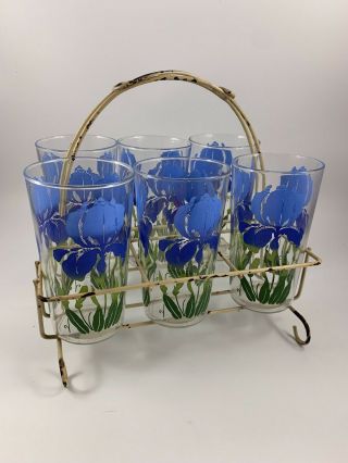 Set Of 6 Vintage Blue Irises Drinking Glasses With Metal Drink Carrier