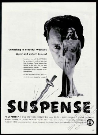 1946 Suspense Movie Release Belita Barry Sullovan Photo Vintage Print Ad