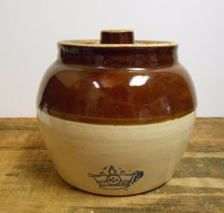 Antique One Handled Ransbotom Stoneware Blue Crown 2 Qt Crock Bean Pot Brown Tan