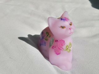 Fenton Glass Pink Cat Figure Hand Painted Signed